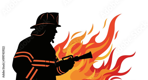 Silhouette of firefighter battling flames with hose