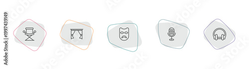 cinema outline icon set. linear vector for ui, web and mobile. thin line director film chair, cinema curtains, sad mask icons.