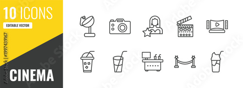 cinema outline icon set. 10 linear vector for ui, web and mobile. thin line satellite tv dish, dslr camera, actress icons.