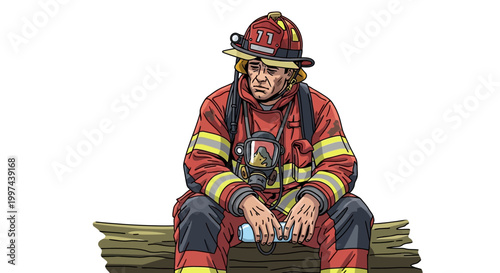 Exhausted firefighter resting on wooden logs with white background