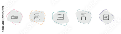 cinema outline icon set. linear vector for ui, web and mobile. thin line image projector, hd, 1080p full hd icons.