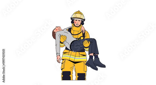 Firefighter carrying rescued person in safety gear illustration
