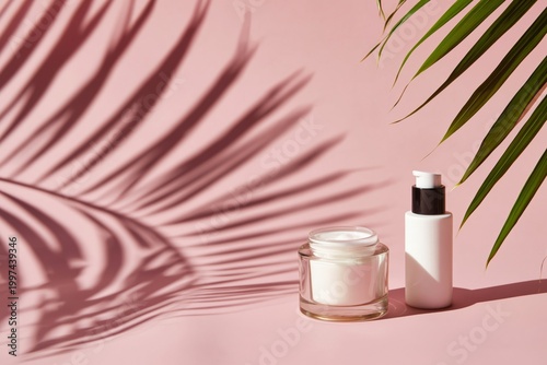 Natural Beauty Products on a Pink Background With Palm Shadows in Daylight