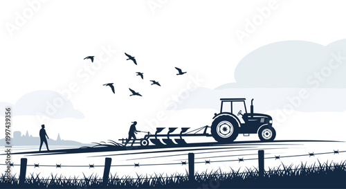 Silhouette of farmers working in a field with a tractor and plow, preparing the land for planting under a cloudy sky.