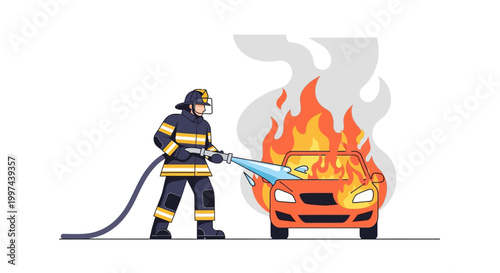 Firefighter extinguishing flames from a burning car in vector illustration