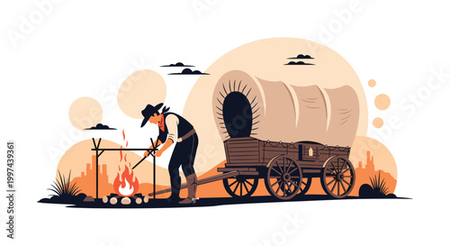A cowboy from the wild west era tending to a campfire next to his covered wagon, set against a stylized desert landscape.
