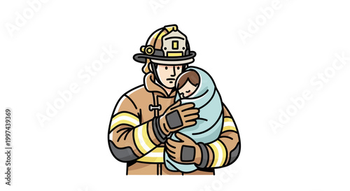 Illustration of firefighter holding a baby in protective embrace