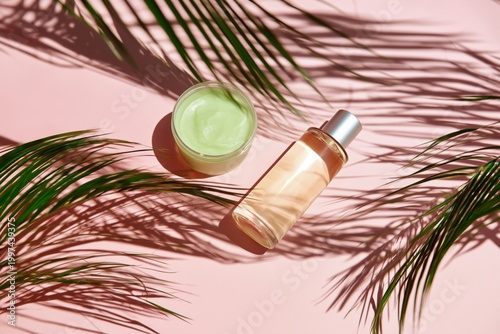 Natural Beauty Products on a Pink Background With Palm Shadows in Daylight