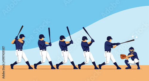 Sequence illustration showing the full motion of a baseball batter swinging and hitting a ball, with a catcher in the background.