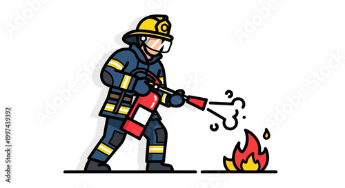 Cartoon firefighter using extinguisher to put out small fire