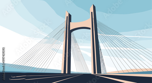 An artistic perspective view of driving across a modern cable-stayed bridge against a stylized, cloudy sky background.