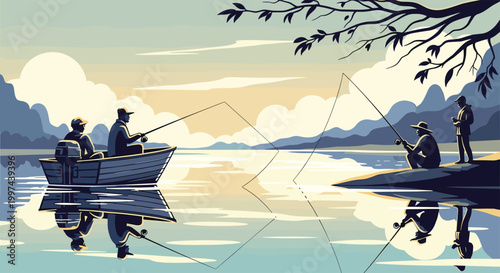 A tranquil scene of people fishing on a calm lake, with two in a boat and one on the shore, reflecting in the water.