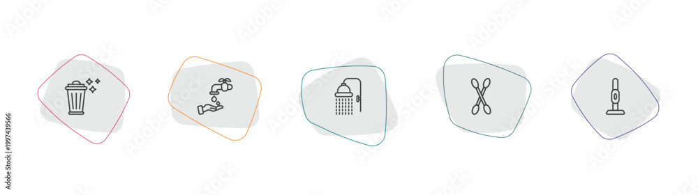 Fototapeta premium cleaning outline icon set. linear vector for ui, web and mobile. thin line trash cleanin, hand wash, shower head icons.