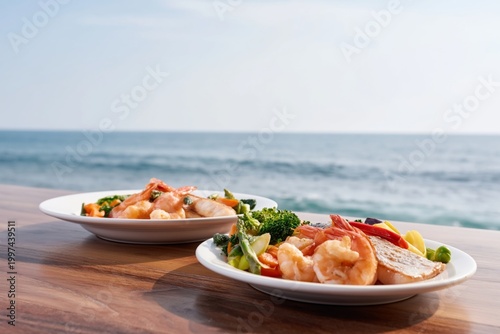 Fresh Seafood Dishes Served by the Ocean as Waves Crash by on a Sunny Day