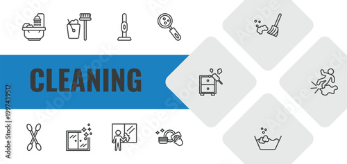 cleaning outline icon set. linear vector for ui, web and mobile. thin line bathtub cleaning, housekeeping, vacuum cleanin icons.