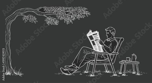 Hand-drawn sketch illustration of a man relaxing in a chair under a leafy tree while reading a newspaper on a dark background.