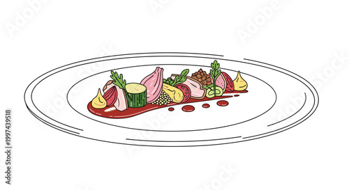 Elegant and artistic illustration of a gourmet dish professionally plated with meat, vegetables, and sauce for a fine dining experience.