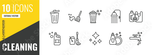 cleaning outline icon set. 10 linear vector for ui, web and mobile. thin line garbage, broom cleanin, trash cleanin icons.