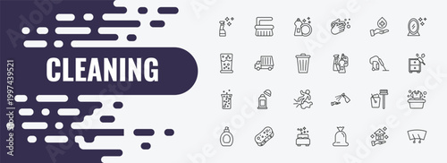 cleaning outline icon set. linear vector for ui, web and mobile. thin line scrub brush, dish soap, sanitize icons.
