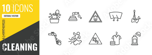 cleaning outline icon set. 10 linear vector for ui, web and mobile. thin line washing clothes, garden hose, oxidizing agent icons.