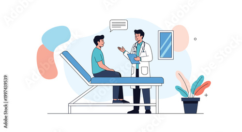 Male doctor in a white coat consulting with a male patient sitting on an examination table during a medical checkup in a clinic.