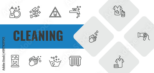 cleaning outline icon set. linear vector for ui, web and mobile. thin line dish soap, clean-living, oxidizing agent icons.