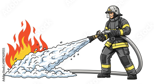 Cartoon firefighter extinguishing flames with water hose