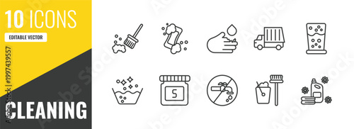 cleaning outline icon set. 10 linear vector for ui, web and mobile. thin line sweeping, hand soap, acid icons.