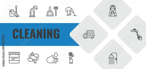 cleaning outline icon set. linear vector for ui, web and mobile. thin line mop, deodorizer, dustpan icons.