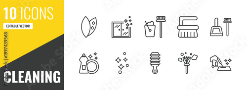 cleaning outline icon set. 10 linear vector for ui, web and mobile. thin line leaf cleanin, cleaning window, dustpan cleanin icons.