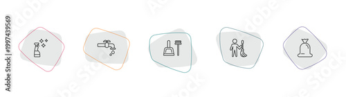 cleaning outline icon set. linear vector for ui, web and mobile. thin line glass cleaner, tap, dustpan icons.