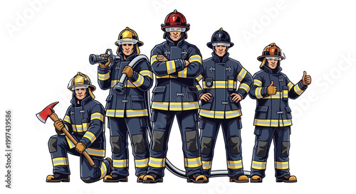 Group of cartoon firefighters in uniform with equipment