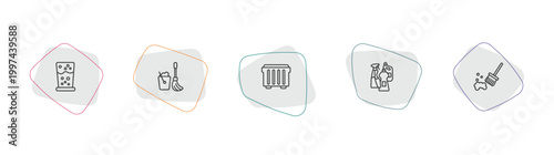 cleaning outline icon set. linear vector for ui, web and mobile. thin line emulsion, mop, dumpster icons.