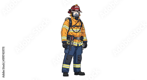 Illustration of a Firefighter in Full Gear and Protective Equipment