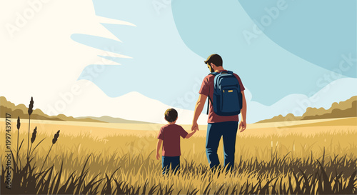 Loving father and son holding hands while walking together through a golden field of grass, representing fatherhood and family bonds.