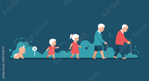 Illustration depicting the different stages of human life and aging, from a crawling baby to a toddler, adult, and elderly person.