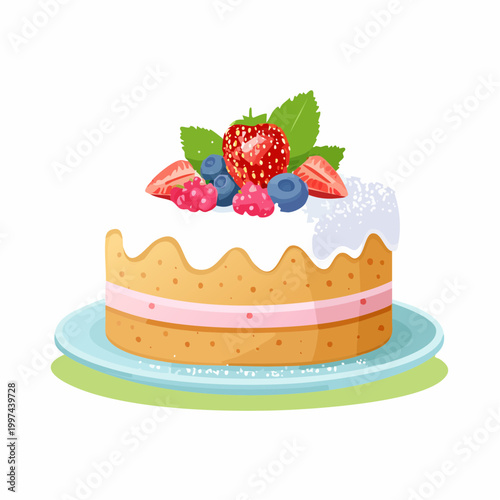 Frühlingskuchen mit Beeren und Puderzucker ästhetisch angerichtet