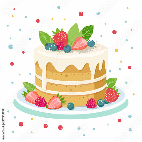 Frühlingskuchen mit Beeren und Puderzucker ästhetisch angerichtet