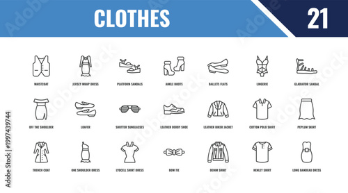 clothes outline icon set. linear vector for ui, web and mobile. thin line jersey wrap dress, gladiator sandal, leather biker jacket icons.