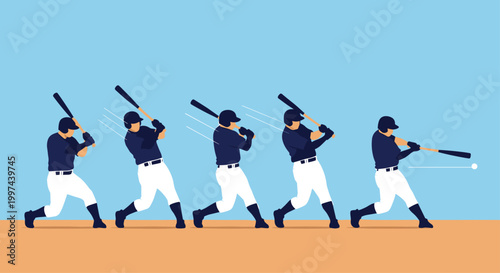 Step-by-step sequence illustration of a baseball player's swing, from batting stance to hitting the ball in a powerful motion.