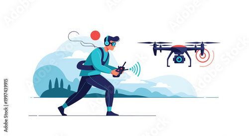 A young man wearing virtual reality glasses is operating a camera drone with a remote control, exploring modern technology.