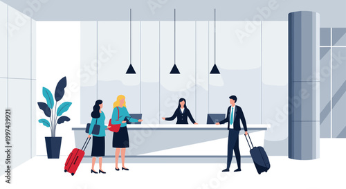 Hotel reception area with guests checking in, a female receptionist assisting them, and travelers with luggage waiting.