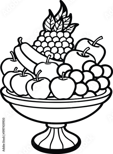 Black and white coloring page of a bowl filled with various fresh healthy fruits