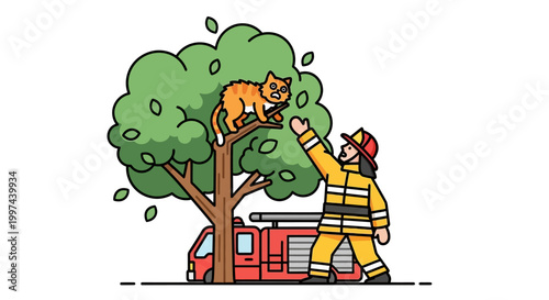 Firefighter rescuing cat from tree with fire truck in background