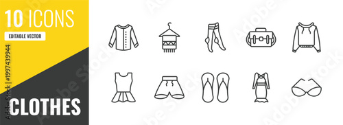 clothes outline icon set. 10 linear vector for ui, web and mobile. thin line collarless cotton shirt, scarf on hanger, women socks icons.
