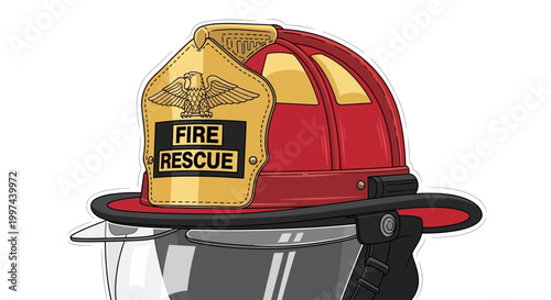 Red fire rescue helmet with gold badge and visor illustration