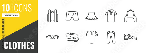 clothes outline icon set. 10 linear vector for ui, web and mobile. thin line basketball jersey, denim shorts, circle skirt icons.