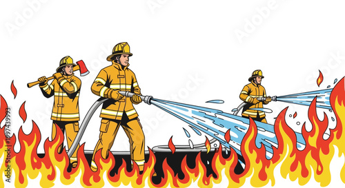 Firefighters in action extinguishing flames with hoses and axes