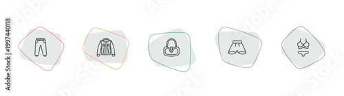 clothes outline icon set. linear vector for ui, web and mobile. thin line sweatpants, denim shirt, hobo bag icons.