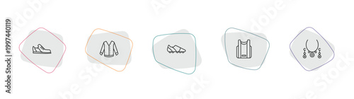 clothes collection. outline icon set. linear vector for ui, web and mobile. thin line shoes, cotton cardigan, soccer shoe icons.